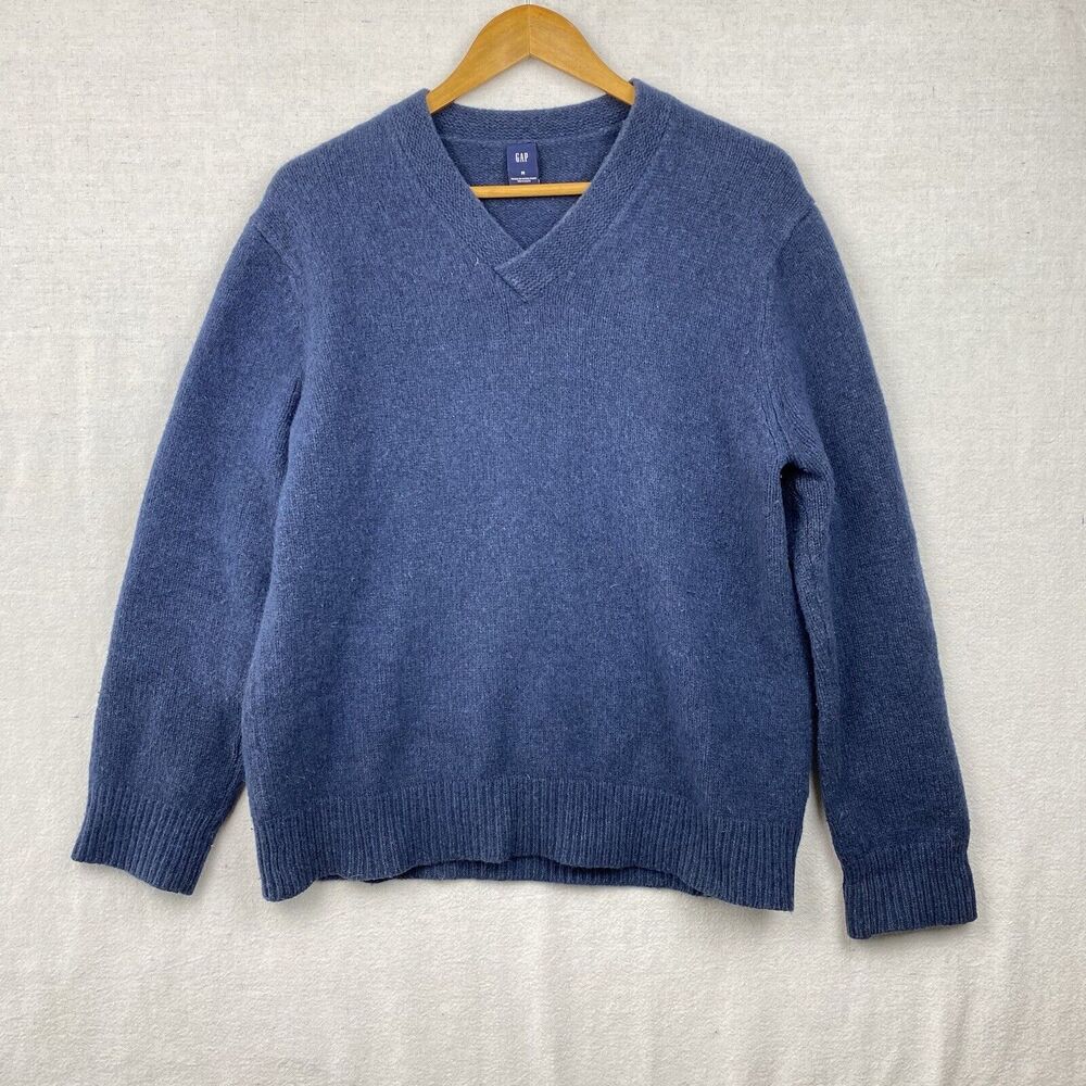 Gap Lambs Wool Angora Rabbit Blue Knit Sweater V Neck Mens Medium
